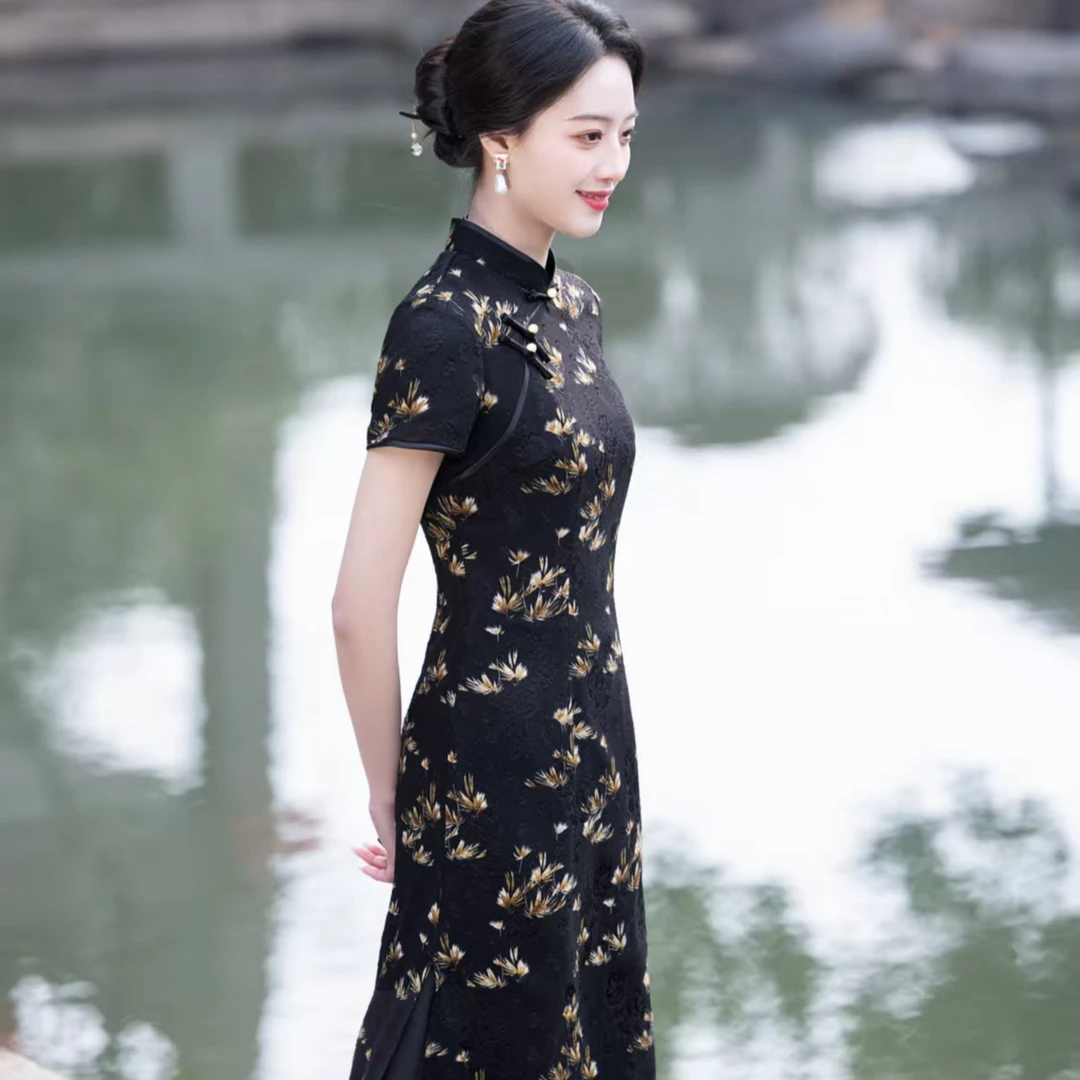 瓷萱【迷迭香】改良旗袍显瘦春夏米色修身国风提花优雅长款旗袍裙