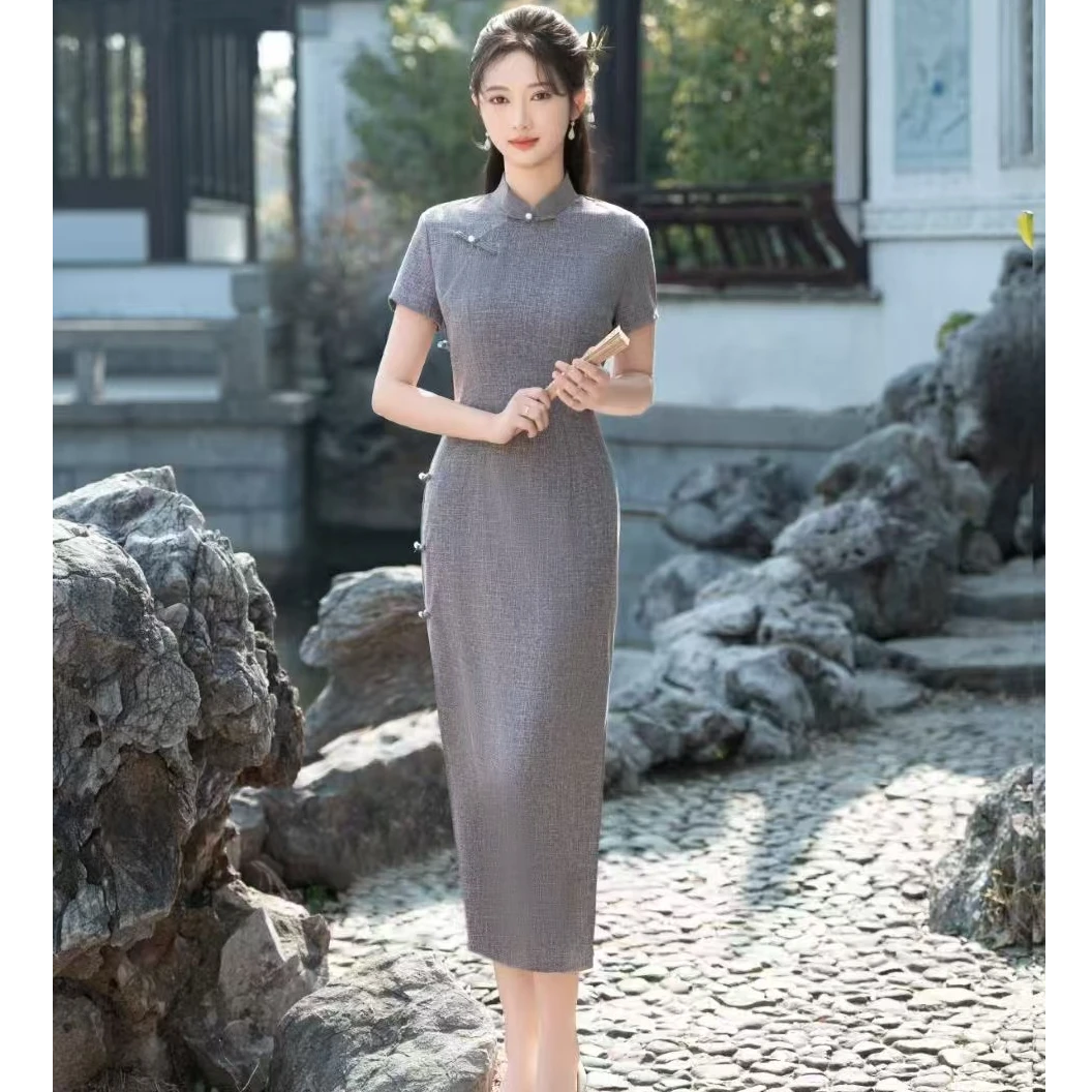 2025新款夏季长款旗袍气质显瘦复古时尚中国风纯色中式纯色旗袍女