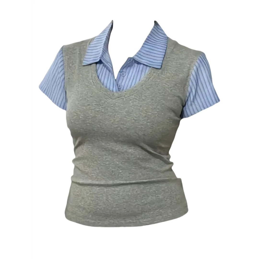 大宝家《拼色奶糖》学院风竖条纹拼接假两件正肩短袖