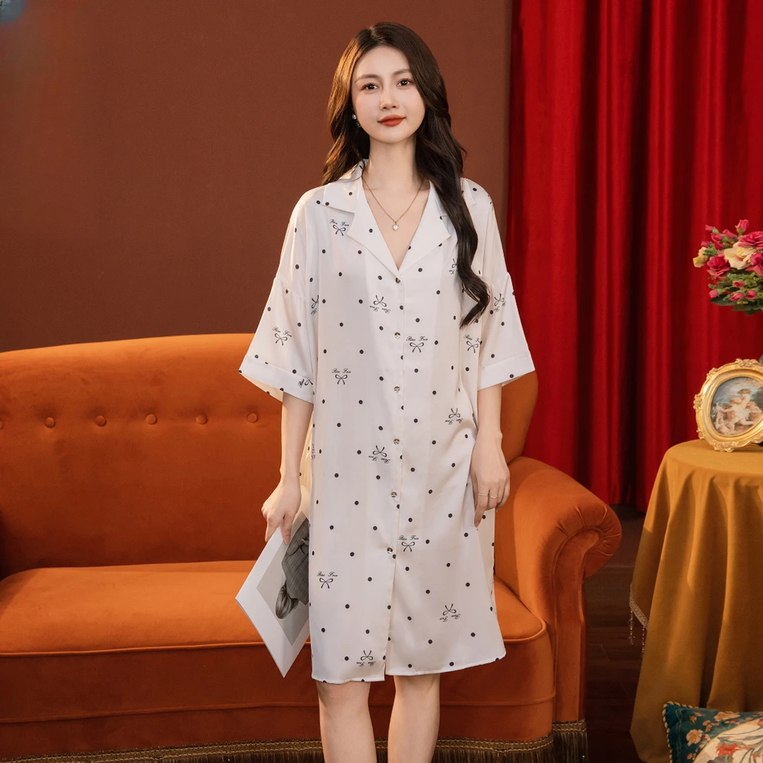 达芬奇密码2025新款波点蝴蝶结连衣裙套头女士家居服睡裙