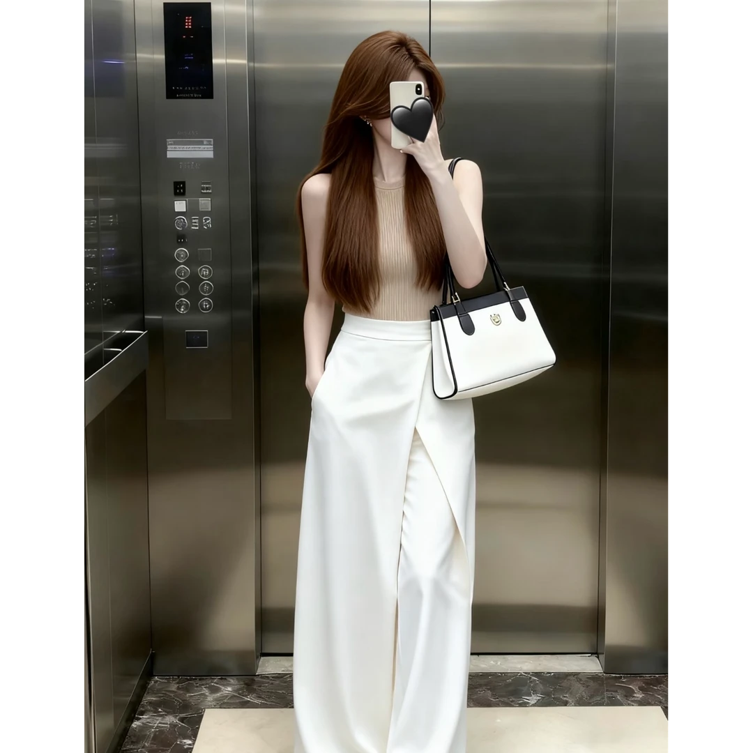 许妍同款早秋辣妹穿搭气质咖色针织背心上衣白色休闲阔腿裤套装女