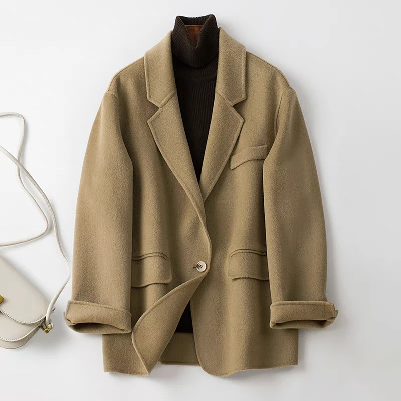 毛呢外套秋冬短款保暖百搭韩版毛呢双面羊毛呢宽松外套休闲修身