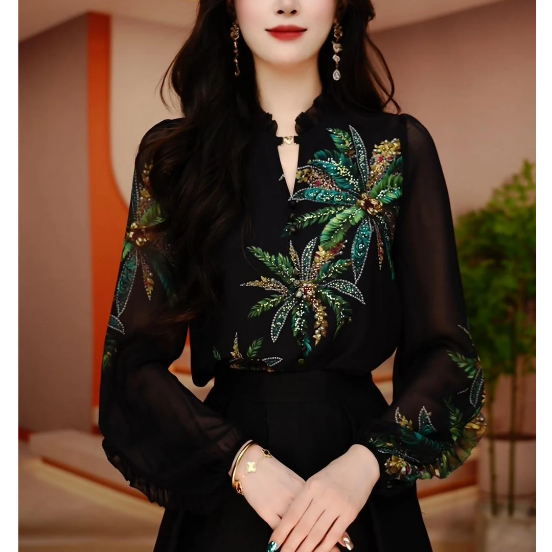 F250030-早春新款琉璃双皱丝时尚百搭显瘦休闲气质印花衬衣长袖