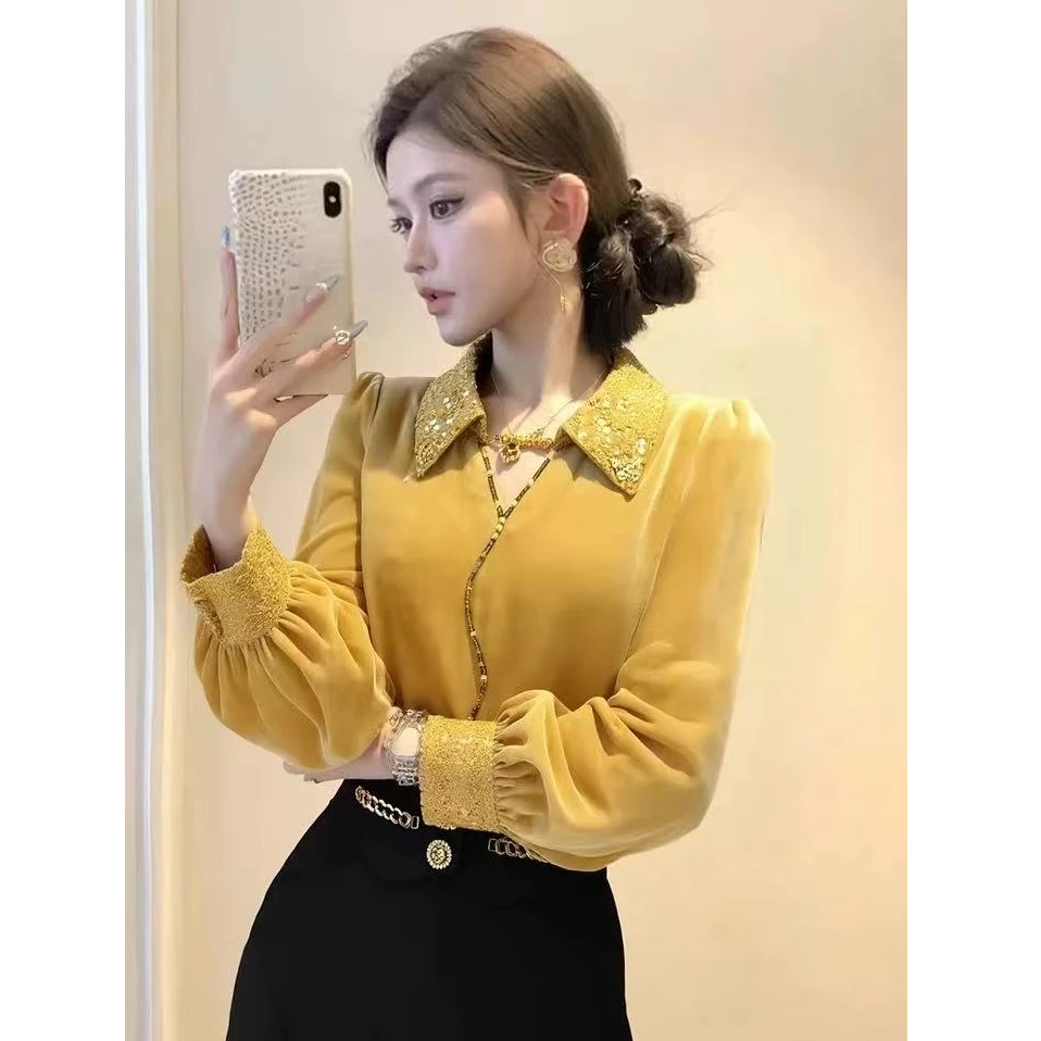 法式小资黄色丝绒衬衫女冬内搭轻奢高端超好看独特漂亮翻领上衣春