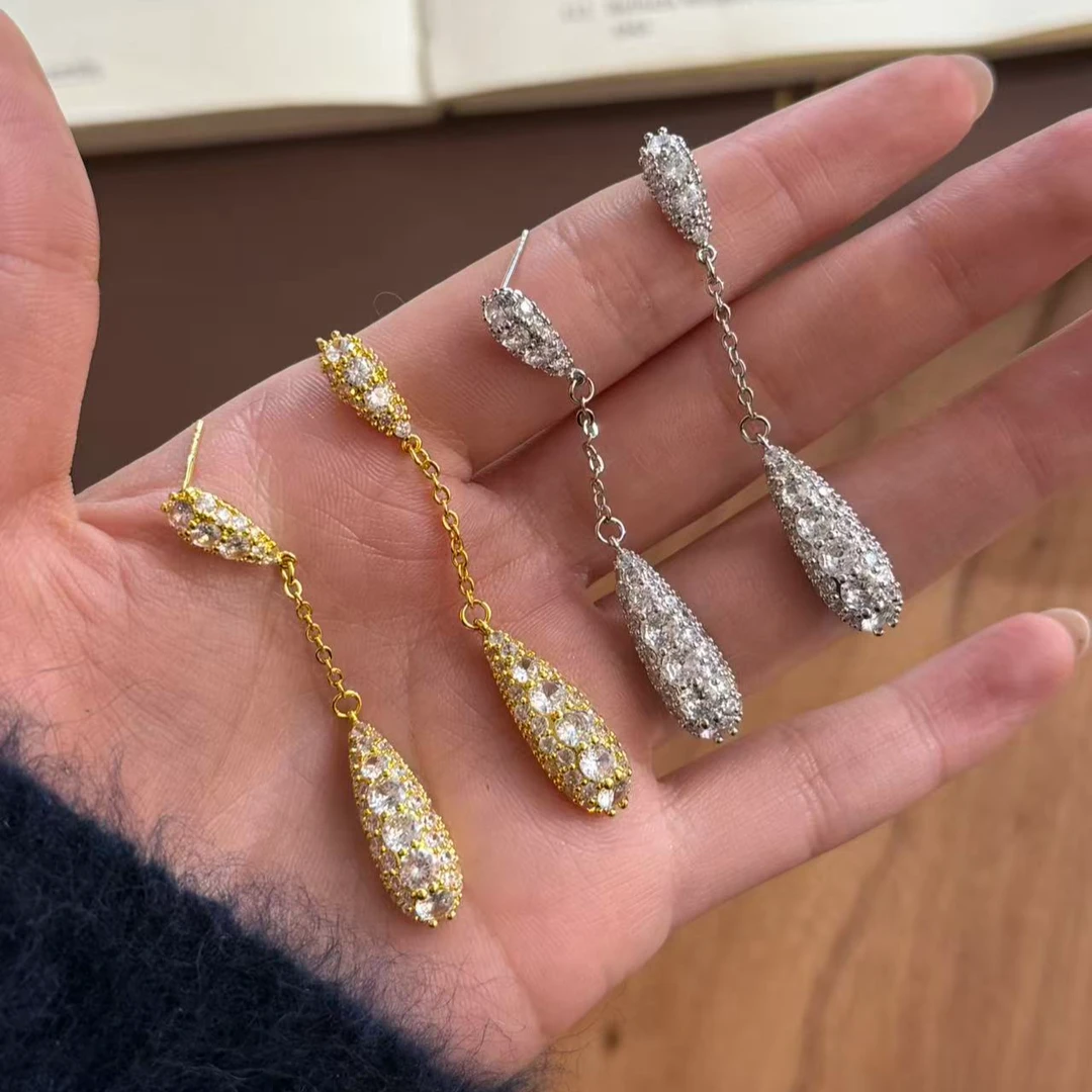 黄铜锆石耳饰 【刺翎】爆闪满锆石长款水滴流苏耳饰高级感独特耳环