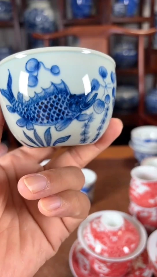 柴窑仿古鱼藻纹杯杯