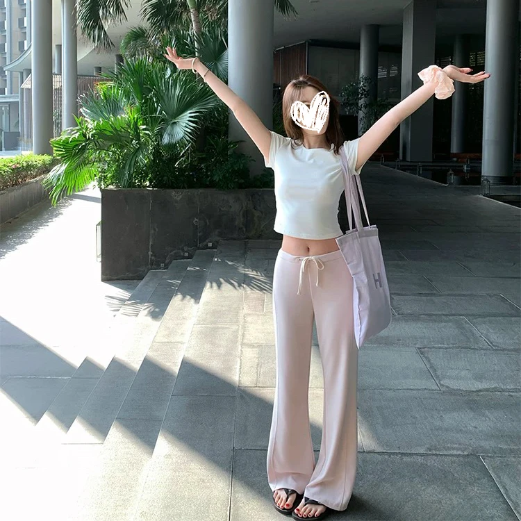 时髦基调 低腰分割线休闲微喇垂垂裤女春撞色抽绳休闲裤C 8525#