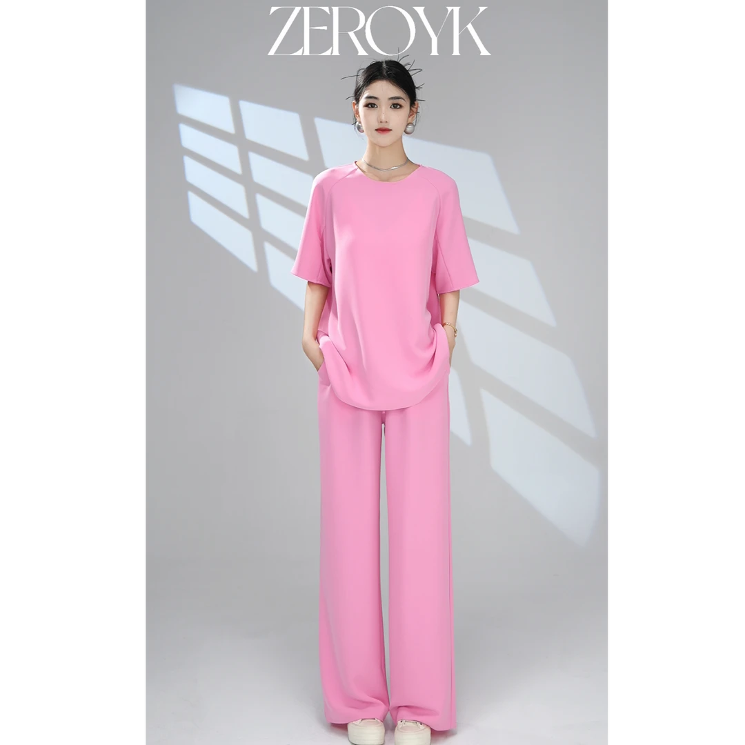 ZEROYK深圳南油2025夏季超垂顺宽松套装圆领上衣直筒长裤两件套
