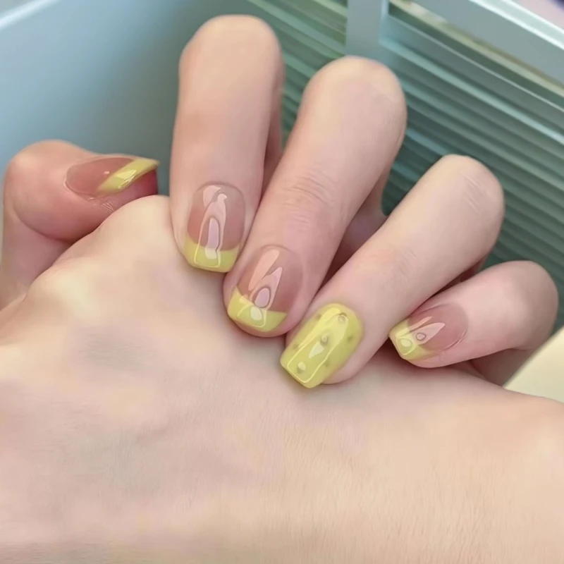 【黄苹果】夏日法式腮红冰透短款穿戴甲气质显白百搭美甲片青苹果