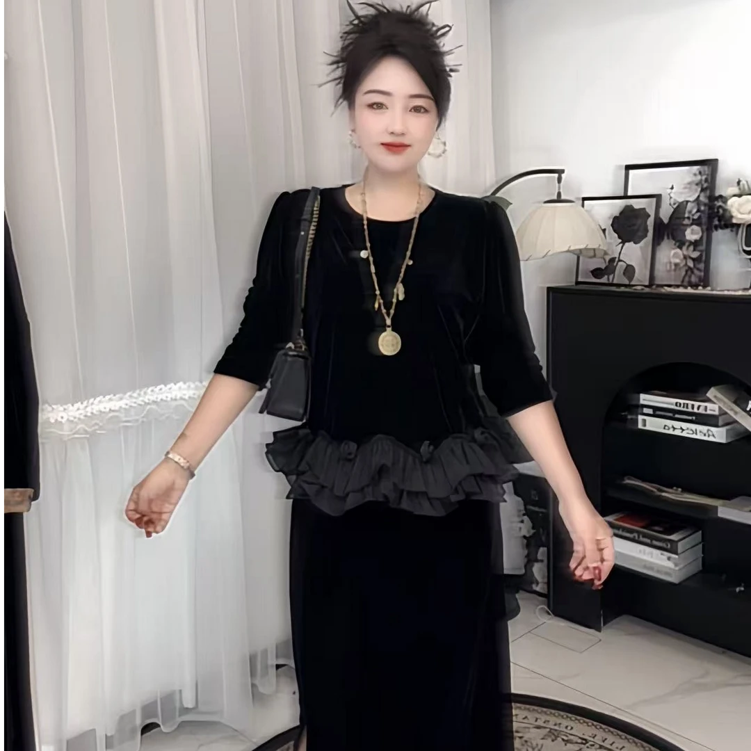 【桃妖定制】2025早秋新款黑色玫瑰胖mm丝绒裙子套装显瘦气质