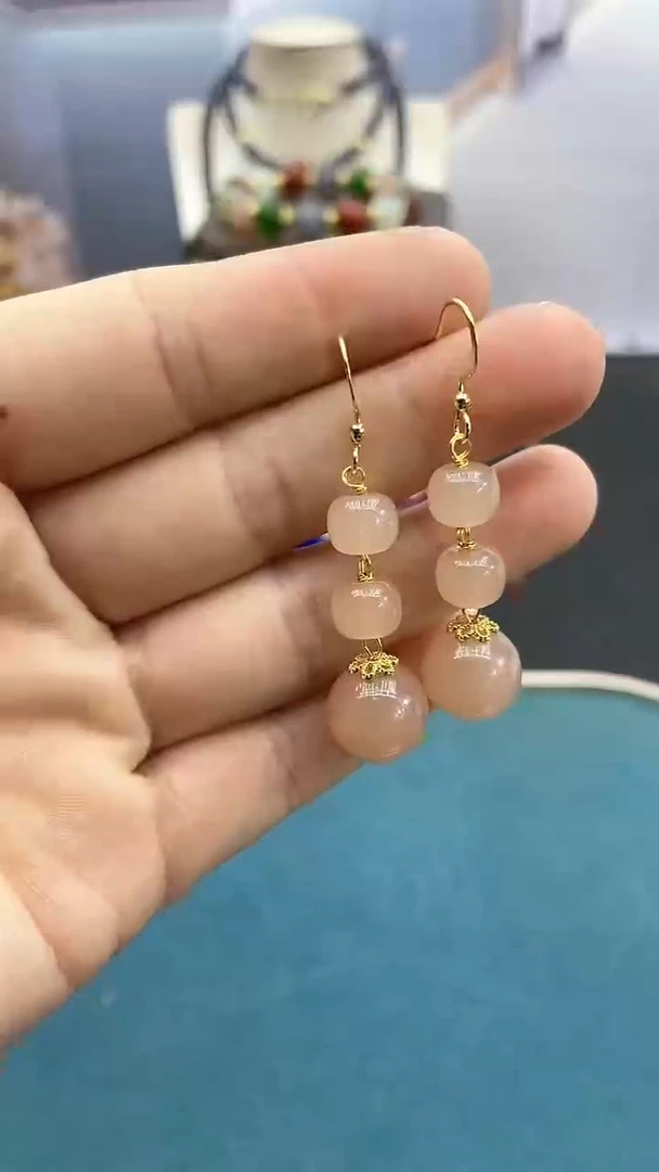 【闪购商品】和田玉耳饰14K金镶嵌藕粉三珠耳钩