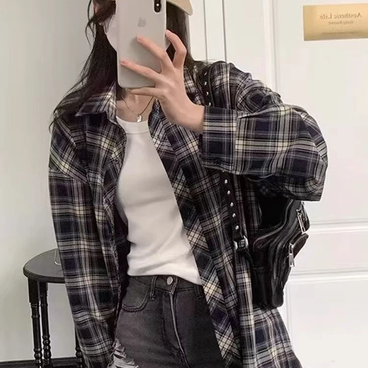 春秋时尚休闲韩版格纹设计感衬衫（750-799）