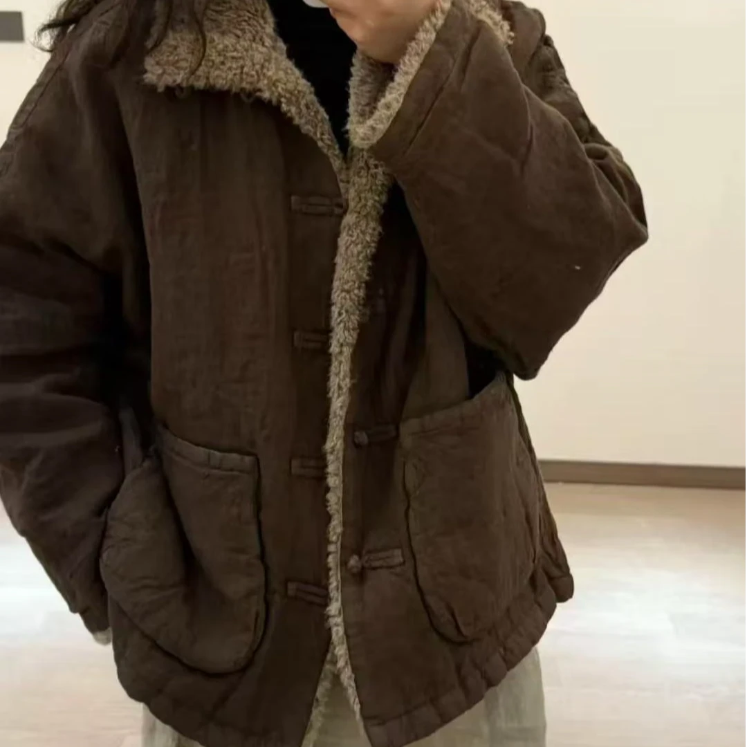 {亚麻棉上衣}2025秋冬亚麻复古风加厚绒宽松休闲棉外套