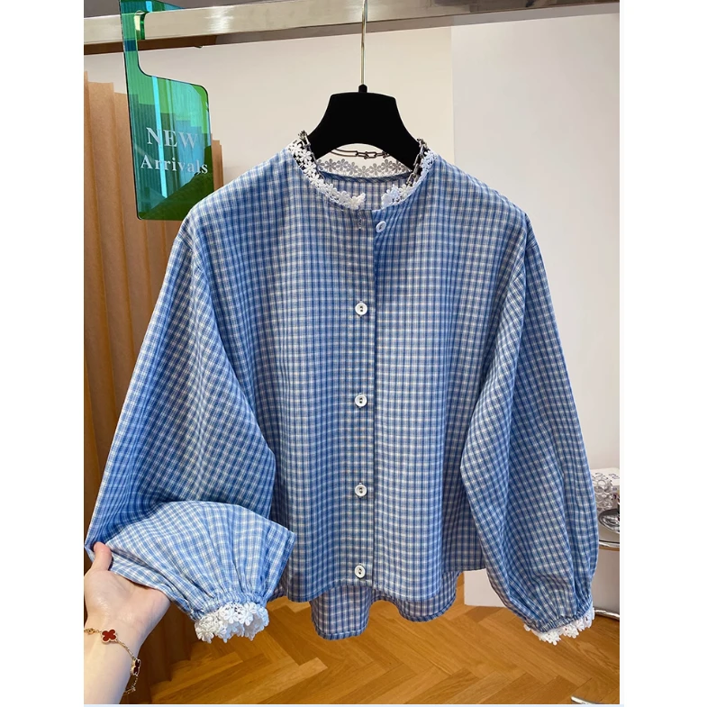 （运费补贴）蓝色小格子衬衫女2025新款宽松短款洋气小清新灯笼袖