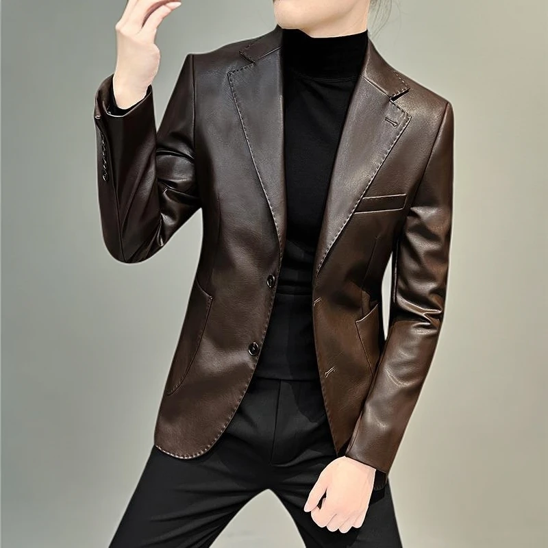 NYING男士西装外套秋季轻奢显瘦高级感痞帅休闲气质时尚皮衣西服