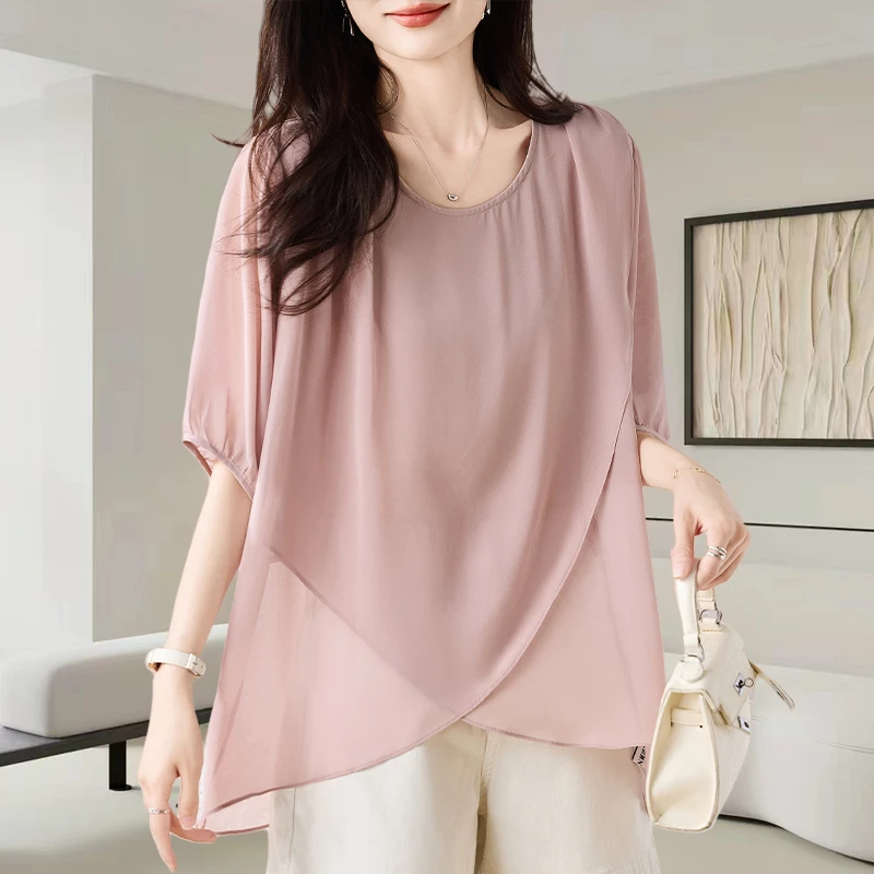 纯色圆领短袖雪纺衬衫女2025夏季新款时尚洋气宽松显瘦斜开叉上衣