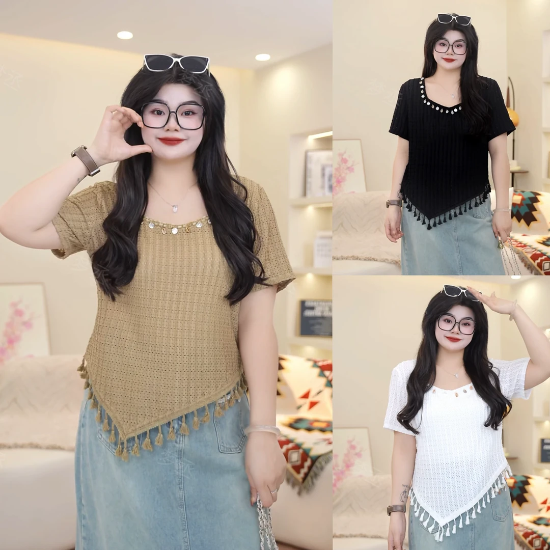 梦丞【心动预约】大码女装夏季方领设计感不规则下摆正肩百搭T恤女