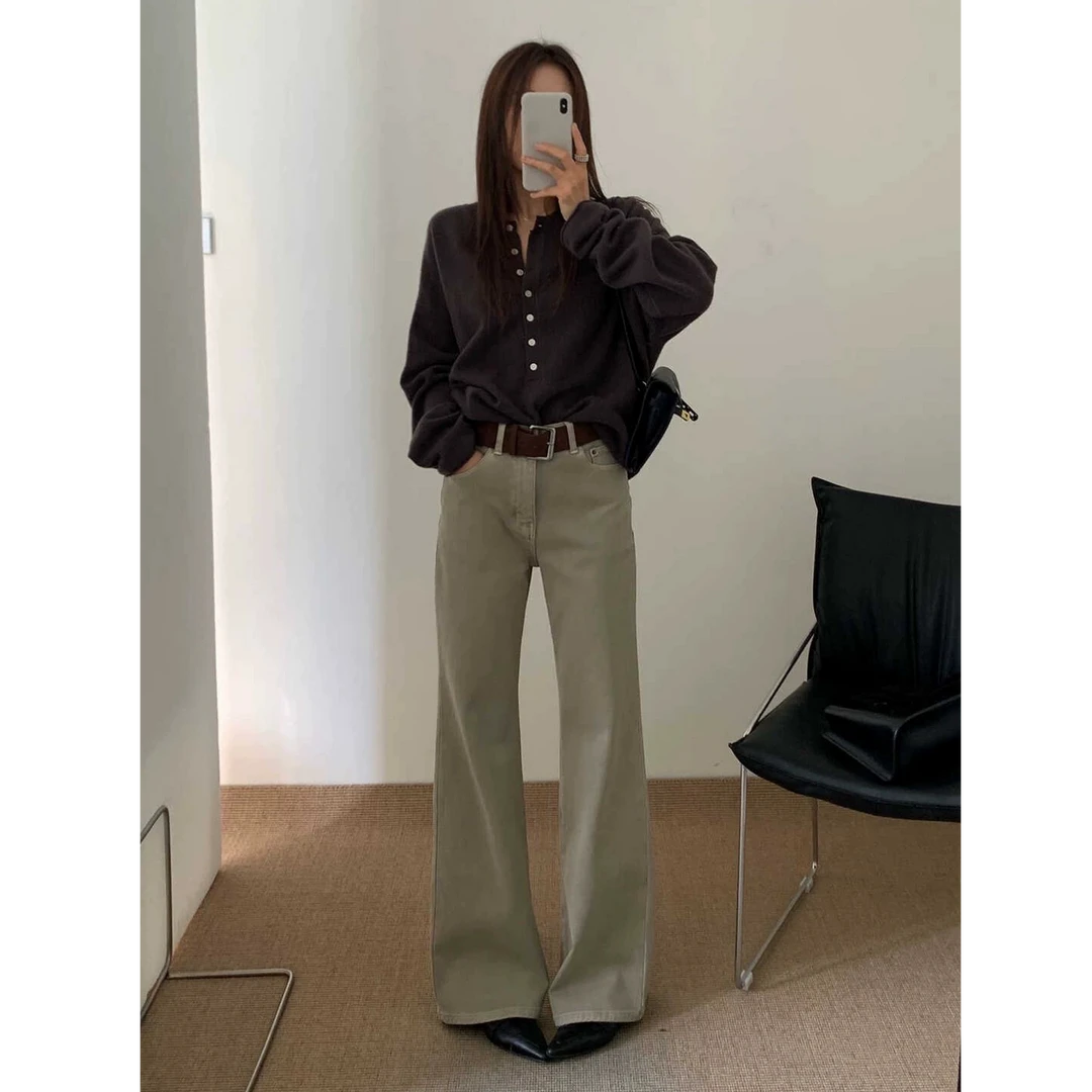 复古加厚加绒阔腿牛仔裤女高腰冬季新款宽松显瘦高街设计感直筒裤