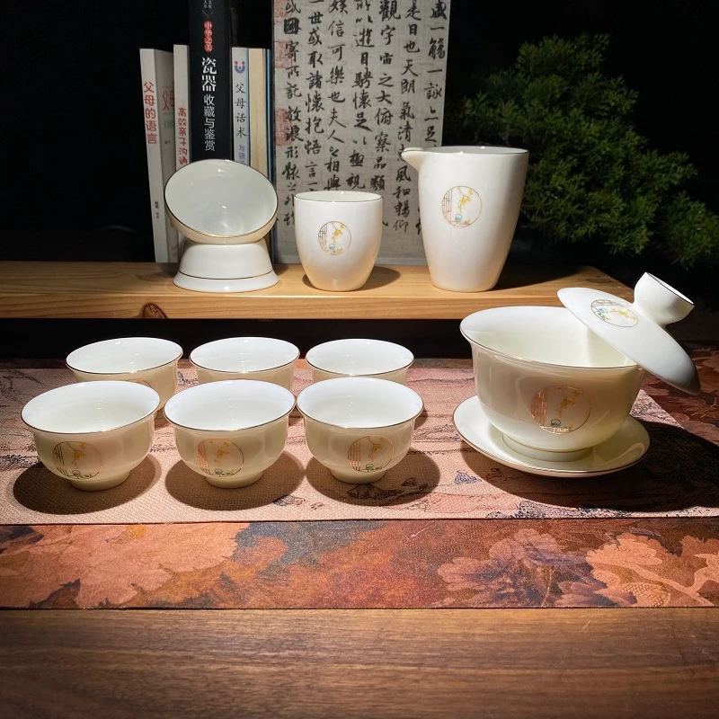 白瓷羊脂玉瓷陶瓷功夫茶具套装悬停盖碗描金主人杯11头整套茶具