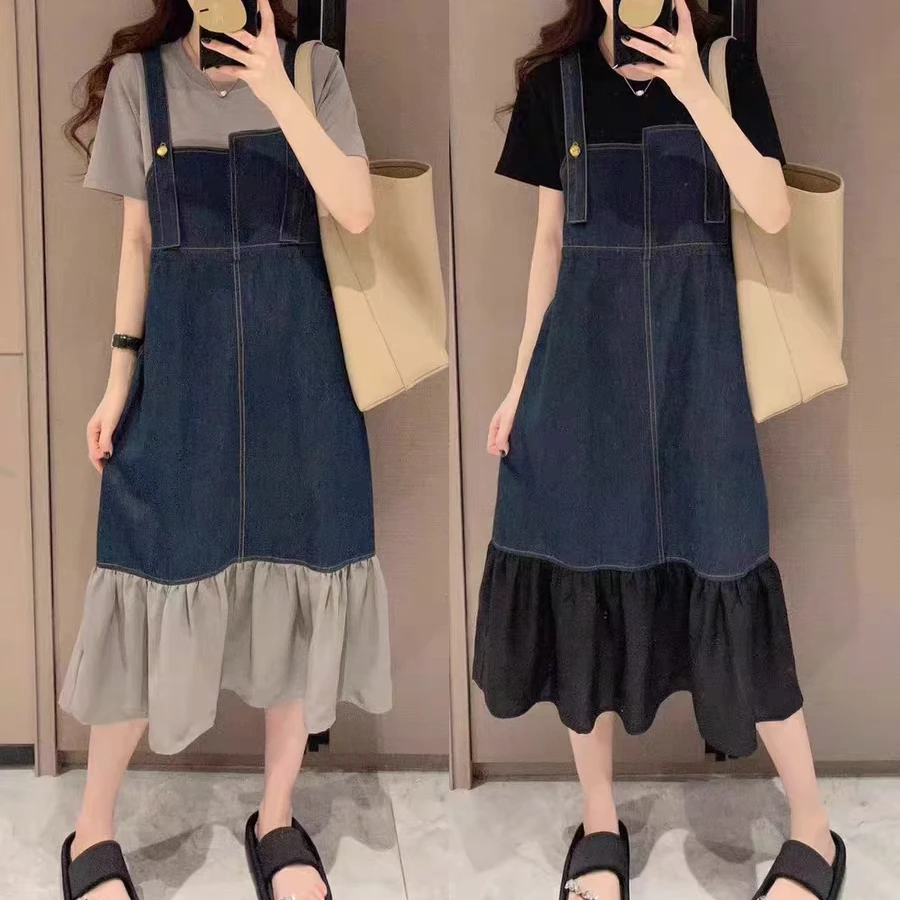 吊带牛仔假两件连衣裙女 大码显瘦时尚夏季减龄韩版拼接洋气