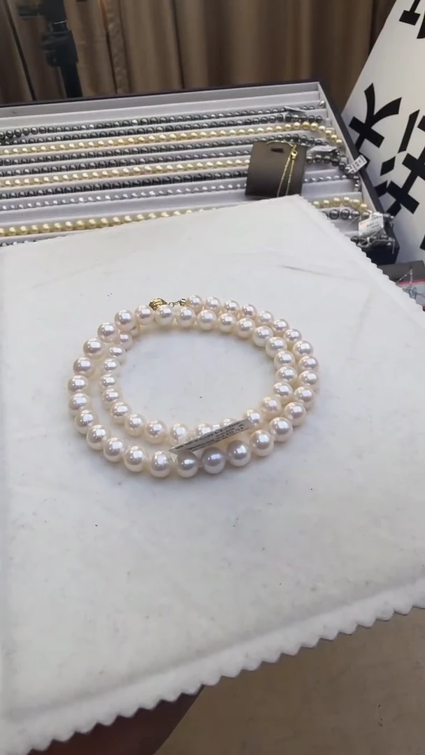 项链14K金镶嵌淡水珍珠8-9mm（7.5-8.5mm）无核极亮光珍珠项链