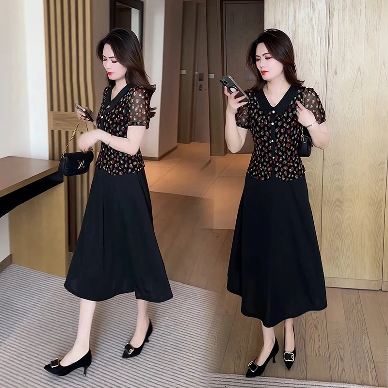 夏季新款妈妈气质印花连衣裙时尚假两件收腰洋气显瘦碎花连衣裙