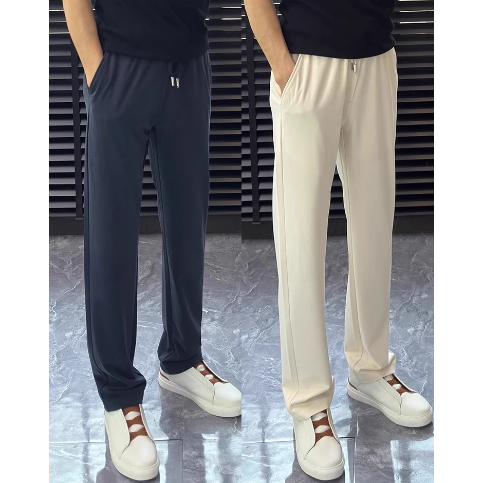 男士休闲裤铜氨丝垂顺冰丝男裤轻盈慵懒极简清爽人字纹直筒面膜裤