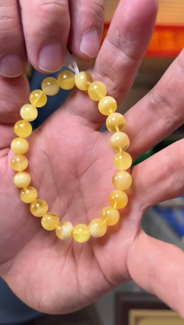 【闪购商品】琥珀手串未镶嵌约8mm/7克金绞白花蜜蜡圆珠单圈