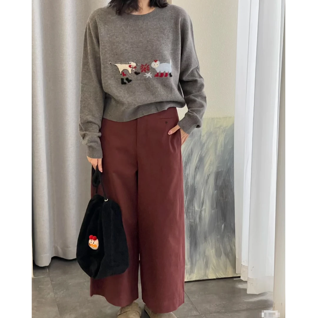 1000-韩版秋冬显瘦休闲直筒阔腿牛仔高腰暗红九分裤（裤长95厘米）