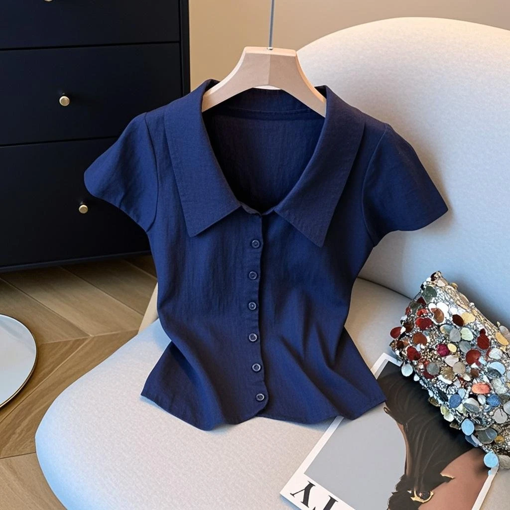 2025夏季新款气质穿搭洋气时尚高级感小众POLO领正肩上衣T恤女装