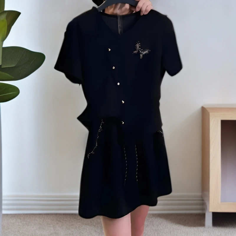 设计师款丨<蝴蝶系列>纽扣夏季T恤短裙休闲小V领时尚套装
