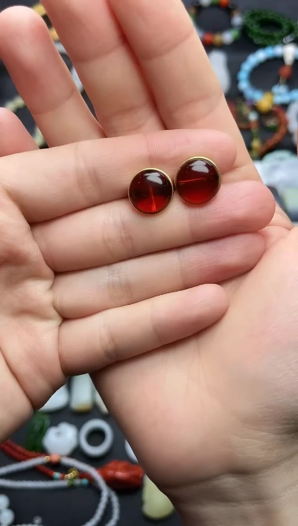 血珀银S925镶嵌耳饰血泊耳钉06