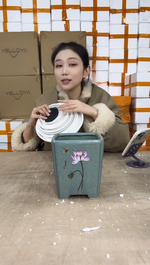 四方深绿荷花中号14x16