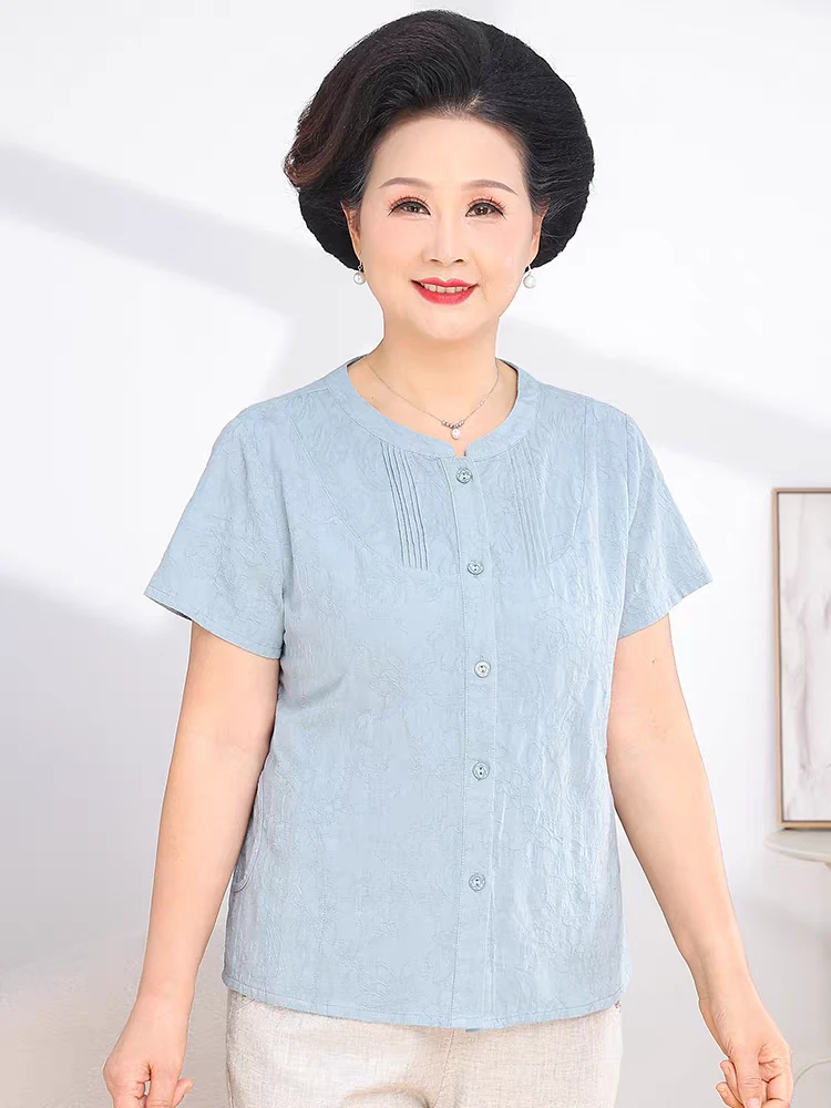 老年人夏装女短袖纯棉奶奶装绣花衬衫老太太衣服妈妈夏天圆领衬衣