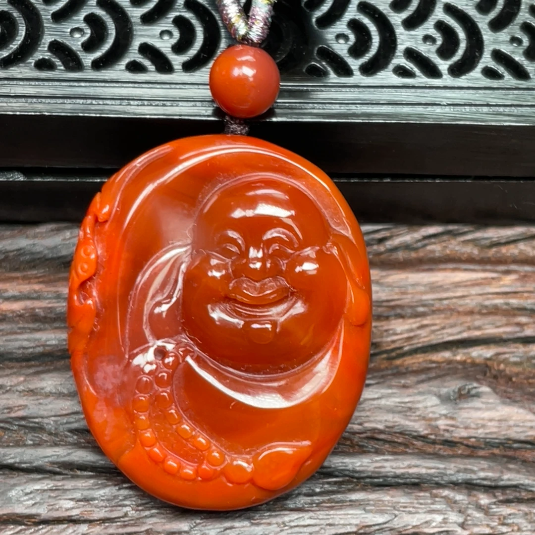川料南红玛瑙佛公吊坠玉化精品俏色苏工雕刻挂坠手工编制绳男女款