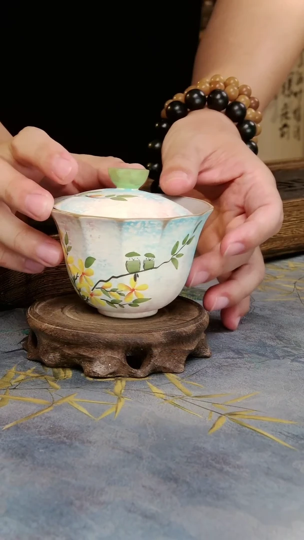 亘古茶具柴烧精品@手绘桂花盖碗