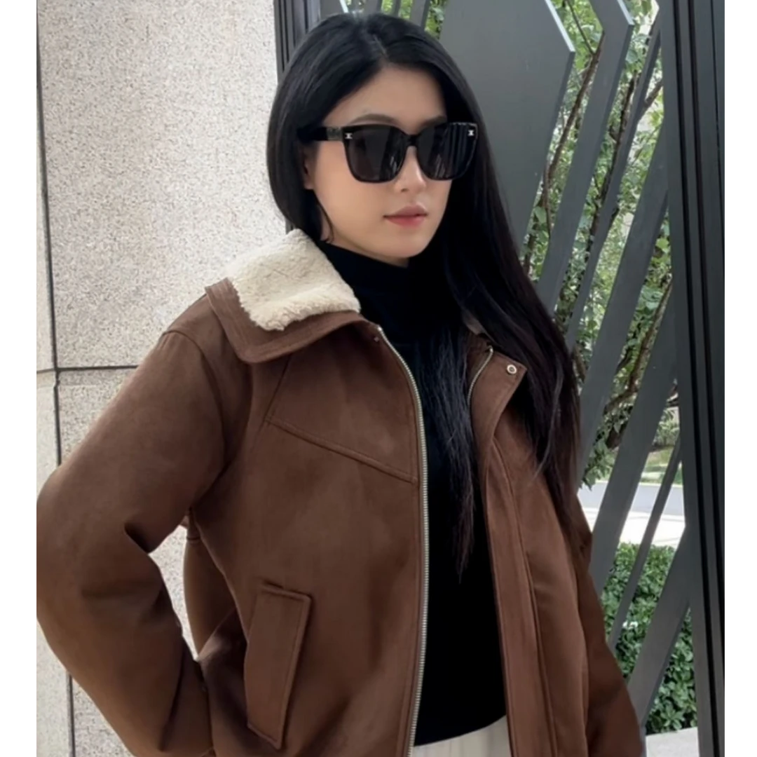 029款冬季新款牛皮绒翻领加绒加厚韩版百搭外套时尚加毛外套女装