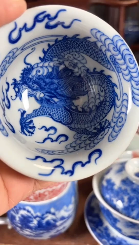 柴窑青花龙纹杯杯