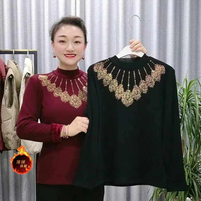 冬季加绒半高领凤尾钻妈妈装T恤打底衫2579