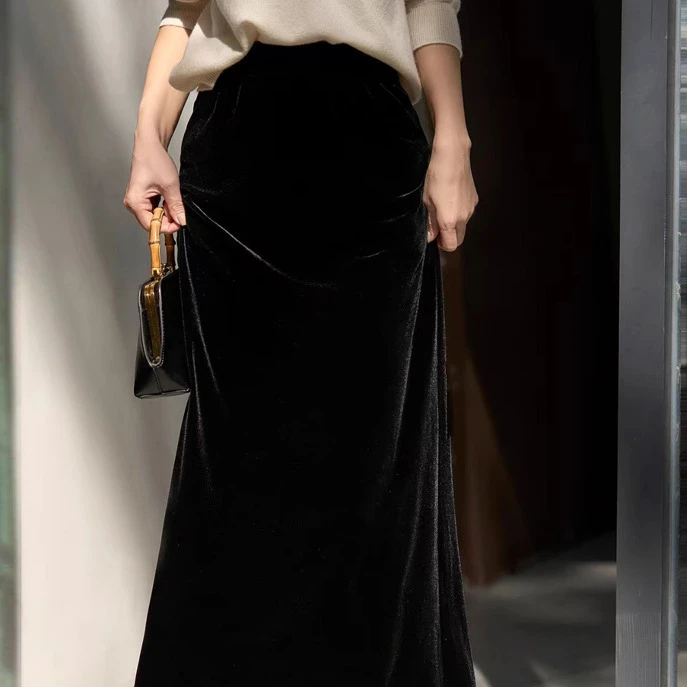 职业阿玛诗官哥家专柜2025春秋季新款加绒感丝绒后开叉时尚直筒半