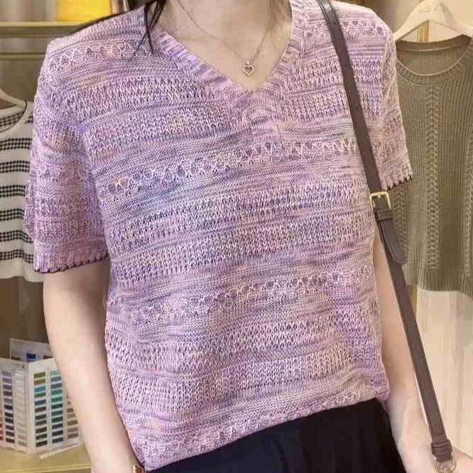 高档减龄花边V领套头短袖小衫女士夏季气质百搭宽松大码针织上衣