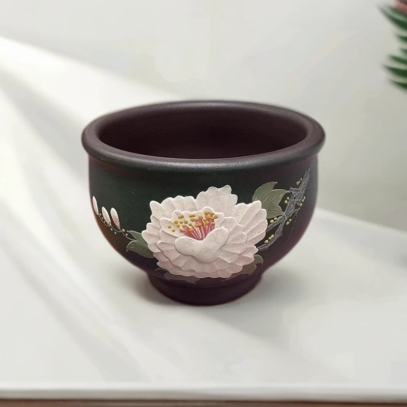 宜兴紫砂 主人杯手工泥绘牡丹茶杯高档品茗单杯