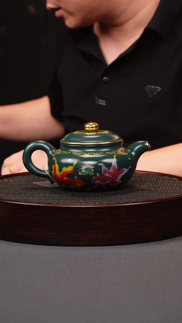 茶壶紫砂绿泥 珐琅彩金鱼仿古