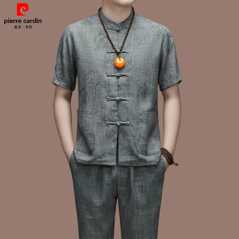 皮尔卡丹唐装男夏季短袖套装爸爸装中国风男士休闲薄款新中式套装