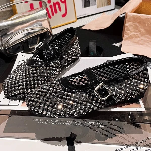 欧洲站水钻一字玛丽珍镂空网面芭蕾舞鞋渔网鞋单鞋乐福鞋船鞋女鞋