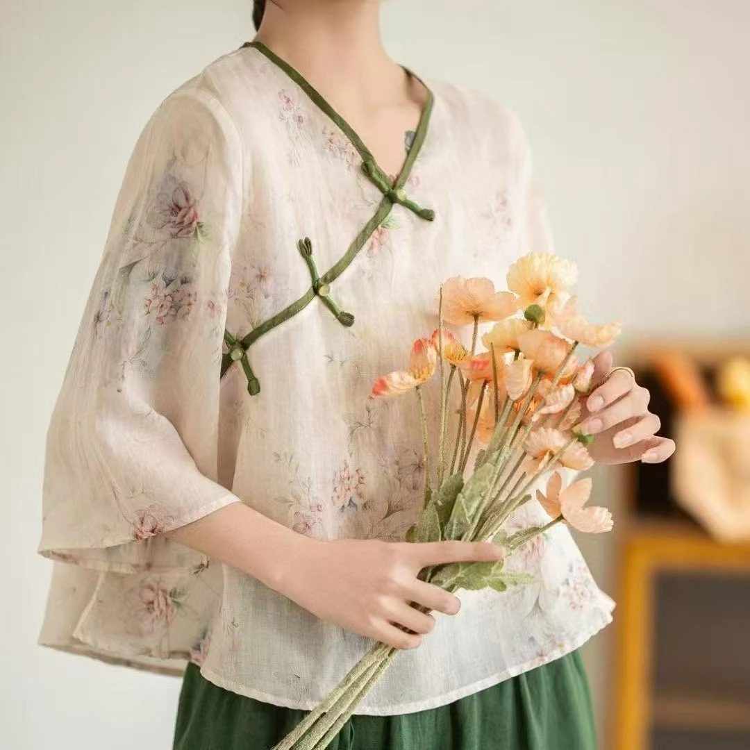 复古国风苎麻印花小衫女夏季新款中式斜襟盘扣苎麻上衣100%苎麻