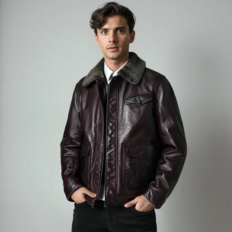 MCS合身版羽绒皮衣休闲做旧毛领机车真皮男士外套皮羽绒服男款