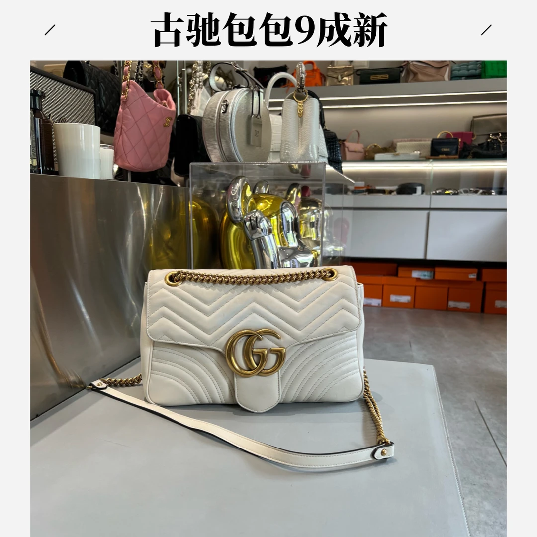 95新 GUCCI/古驰 GG Marmont系列 马蒙30白金双G翻盖V型绗缝