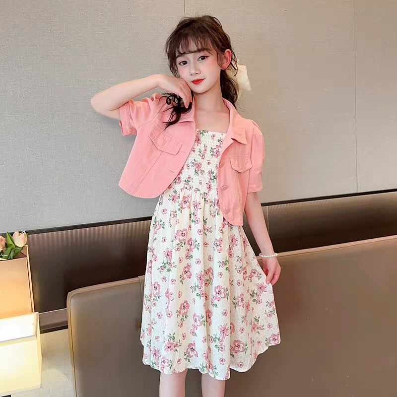 女童夏季碎花吊带裙粉色牛仔衬衫两件套A4-4-2