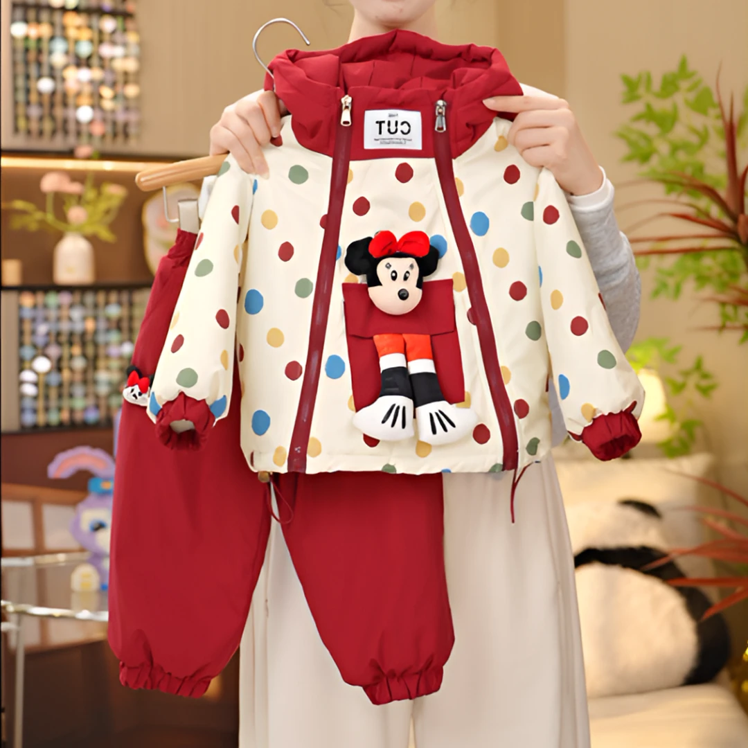 女童卡通套装加绒加厚秋冬款2025新款圆点中小童韩版连帽两件套